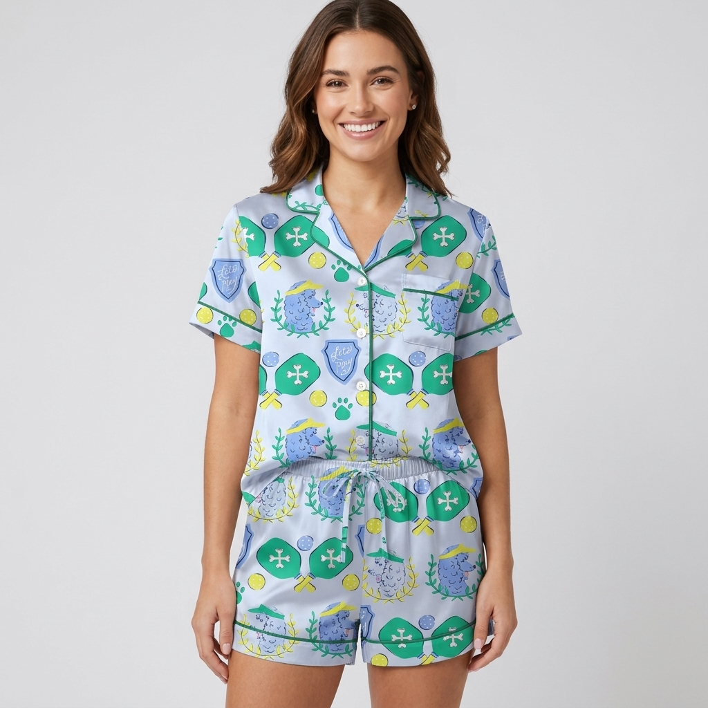 Pickleball Poodles Women's Pajama Set - Blue short sleeve and shorts