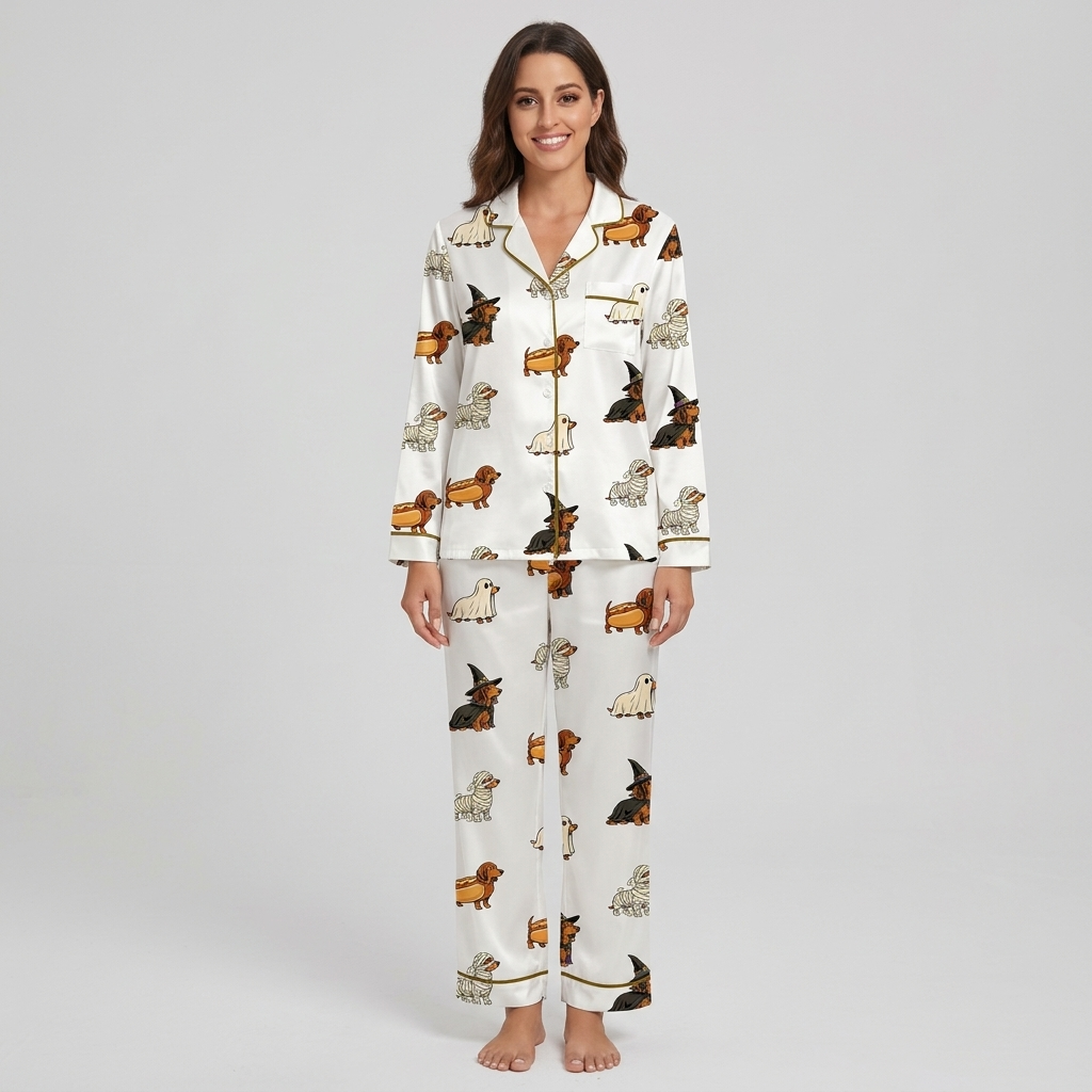 Women's satin pajama set with dachshunds dressed as witches, ghosts and mummies on white - long sleeve and pants