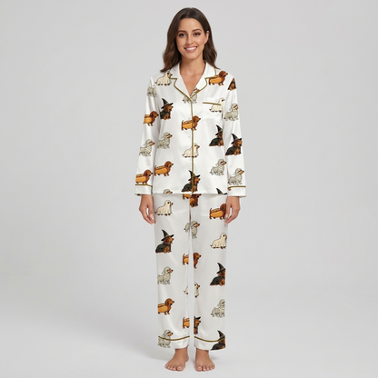 Women's satin pajama set with dachshunds dressed as witches, ghosts and mummies on white - long sleeve and pants