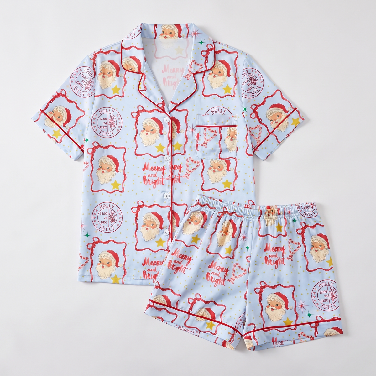 Retro Santa Postmarks Women's Pajama Set - flat lay