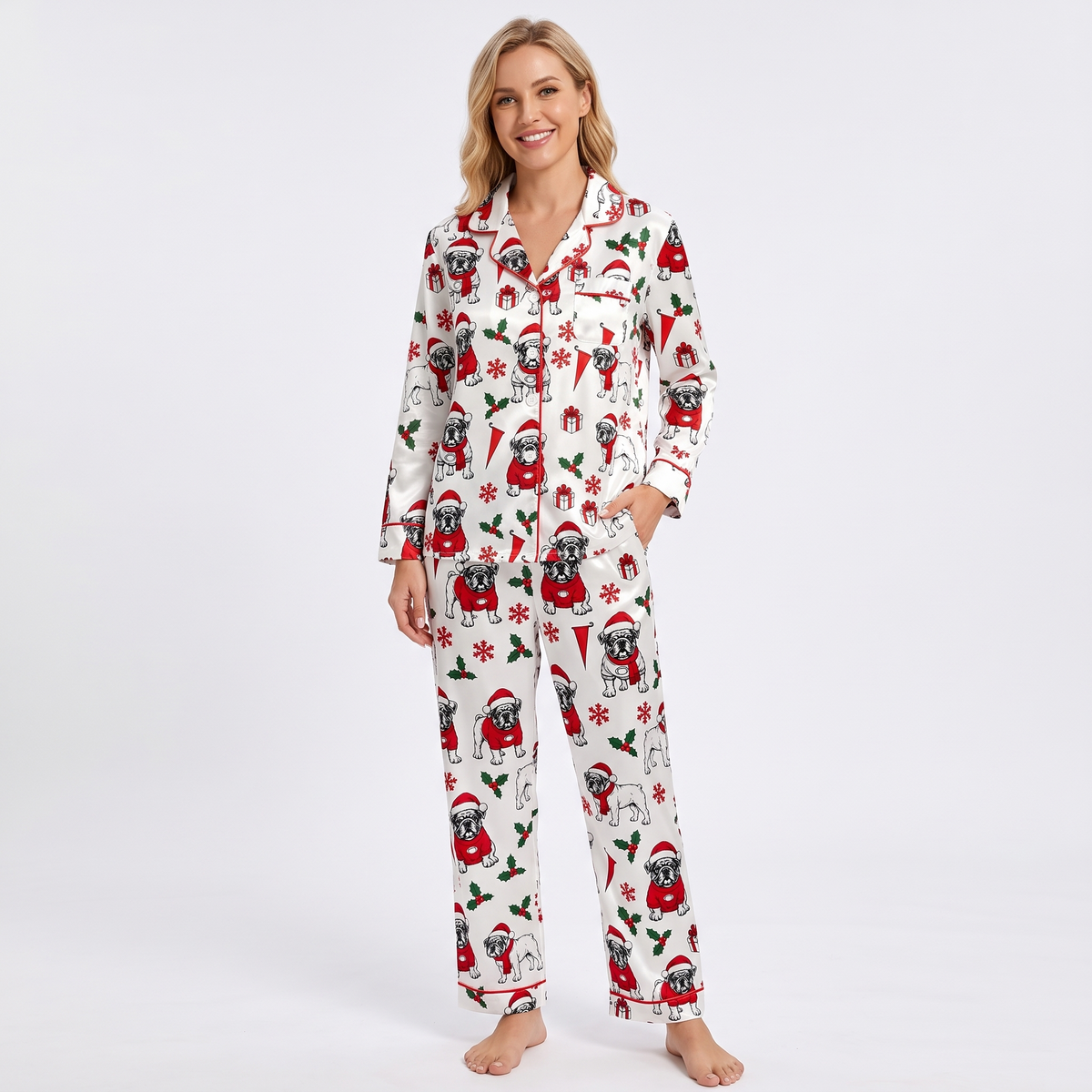 Santa Bulldog Women's Pajama Set - long sleeve and pants