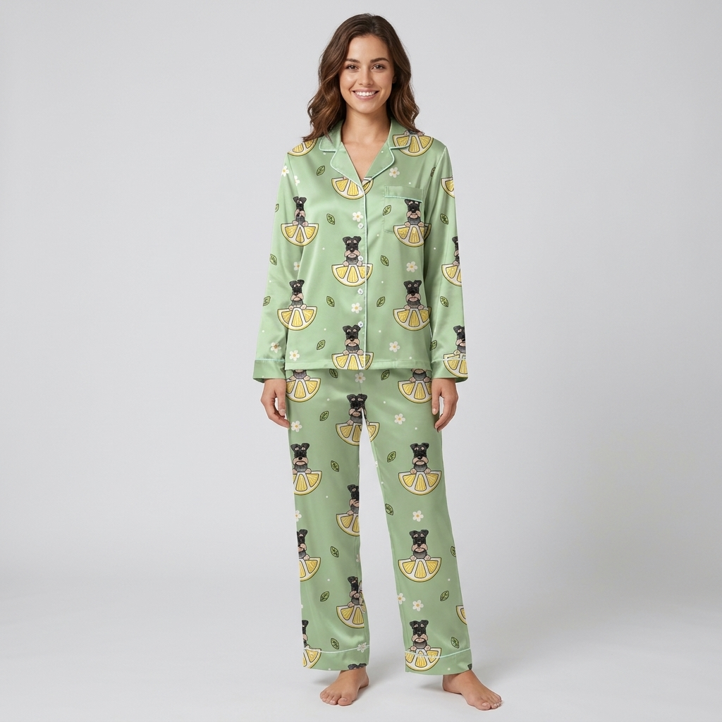 Women's satin pajama set with bearded schnauzers on lemon slices and flowers on sage green - long sleeve and pants