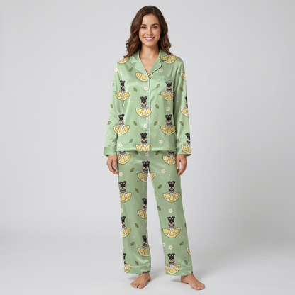 Women's satin pajama set with bearded schnauzers on lemon slices and flowers on sage green - long sleeve and pants