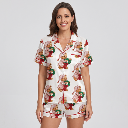 Wreath-Holding Bears Women's Pajama Set - short sleeve and shorts