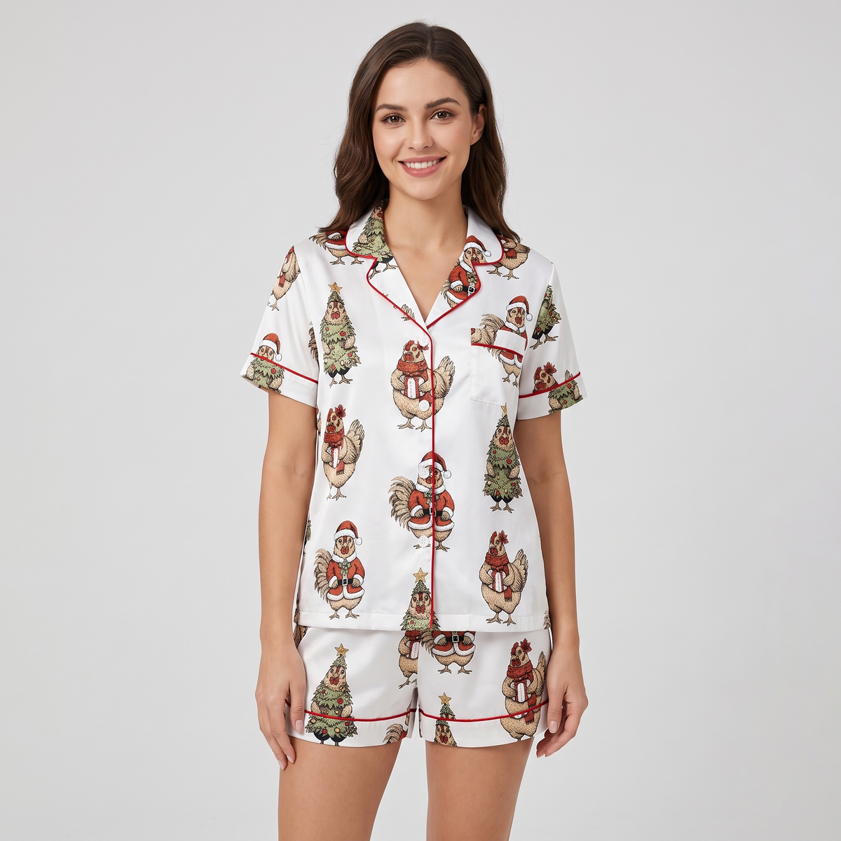 Christmas Chicken Farm Women's Pajama Set - short sleeve and shorts