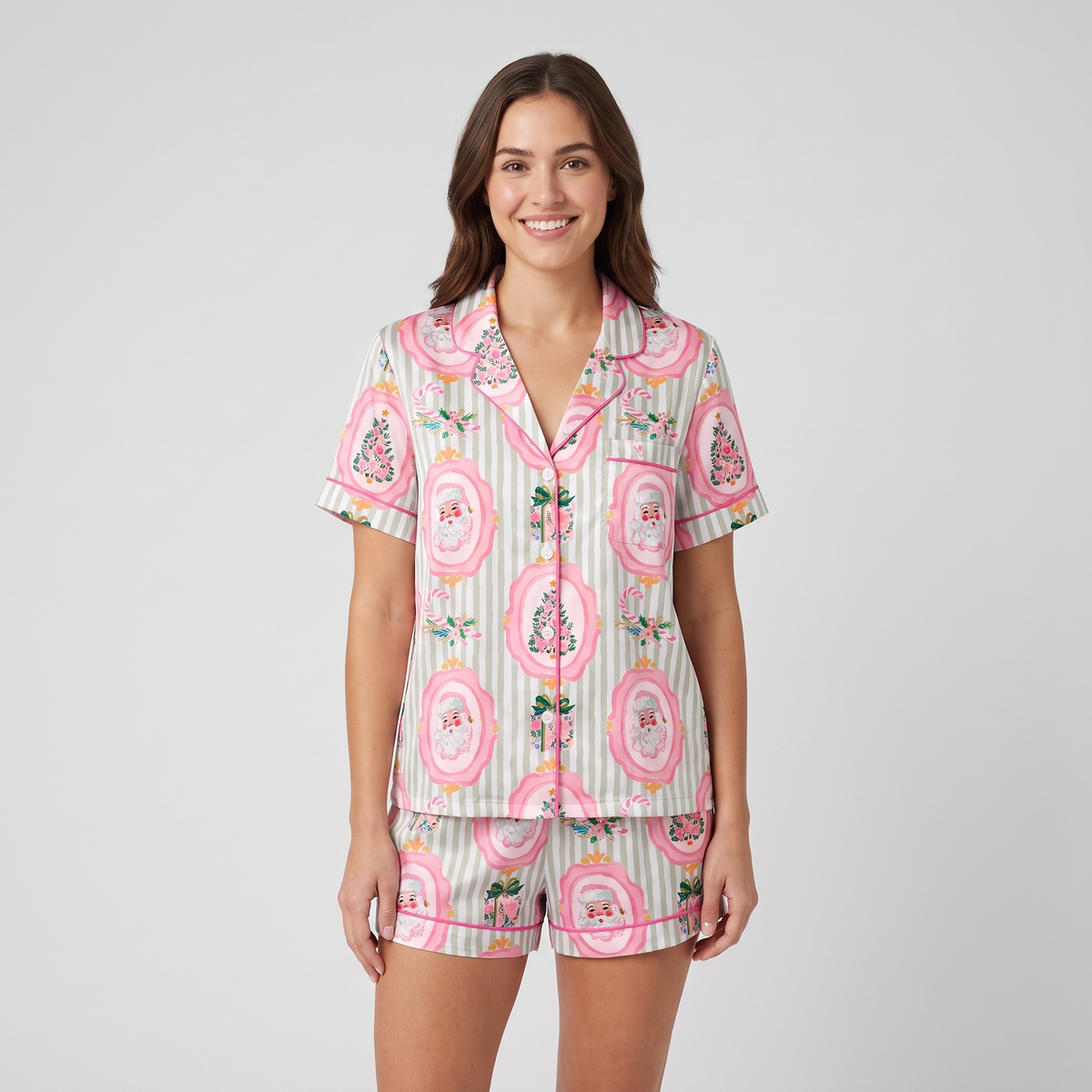 Pink Floral Santa Women's Pajama Set - short sleeve and shorts