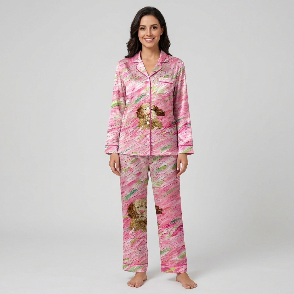 Women's satin pajama set with a caramel cocker spaniel in rose and blush brushstrokes - long sleeve and pants