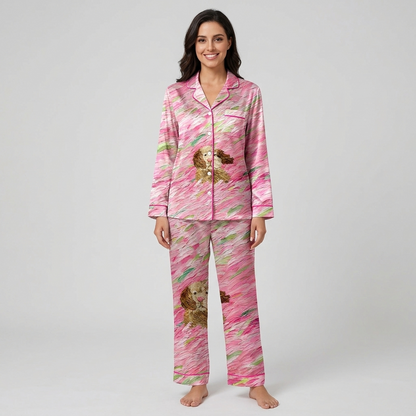 Women's satin pajama set with a caramel cocker spaniel in rose and blush brushstrokes - long sleeve and pants