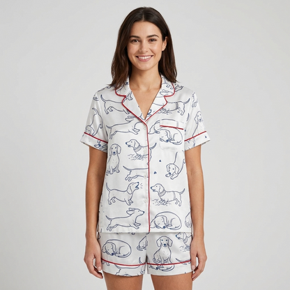Women's satin pajama set with navy line-drawn dachshunds with red script on white - short sleeve and shorts