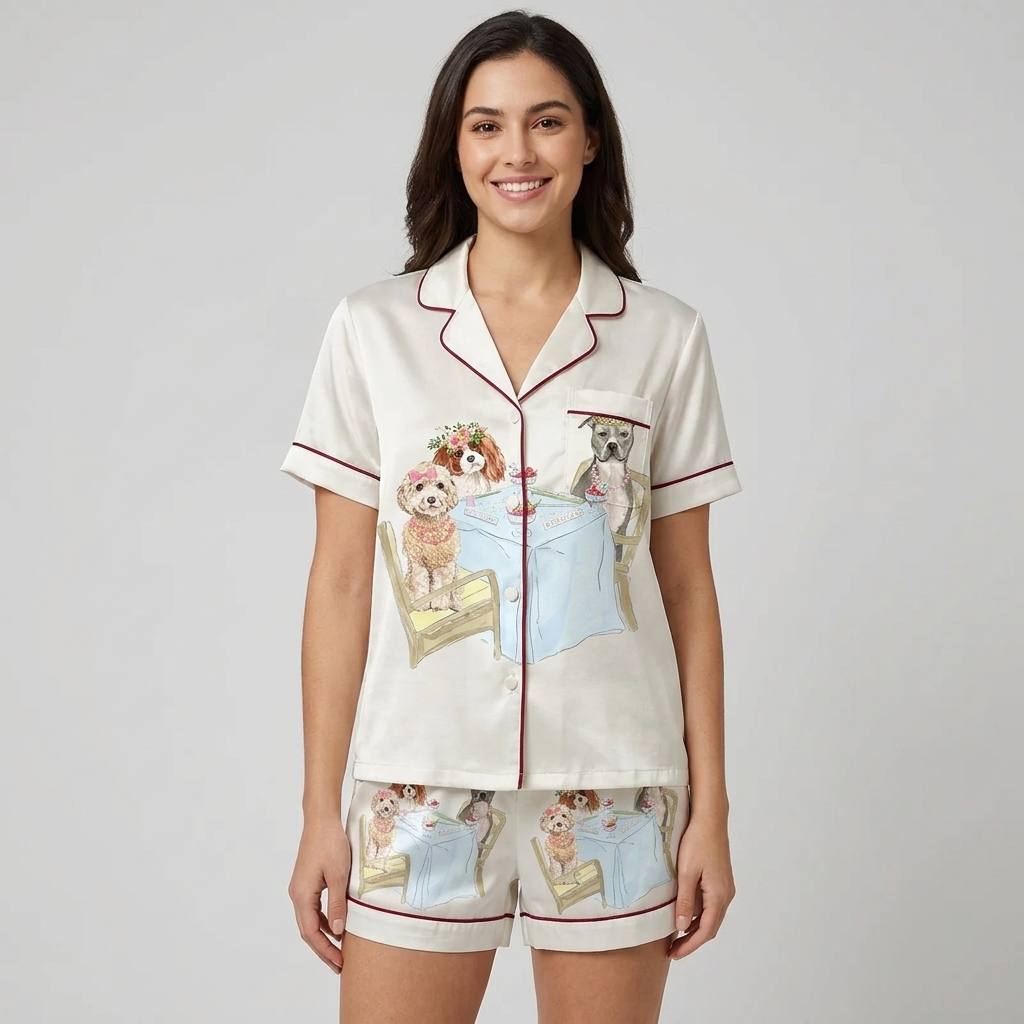 Women's satin pajama set with two dogs in flower crowns and tiaras at a mahjong table on white with red piping - short sleeve and shorts