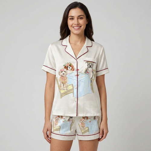 Women's satin pajama set with two dogs in flower crowns and tiaras at a mahjong table on white with red piping - short sleeve and shorts
