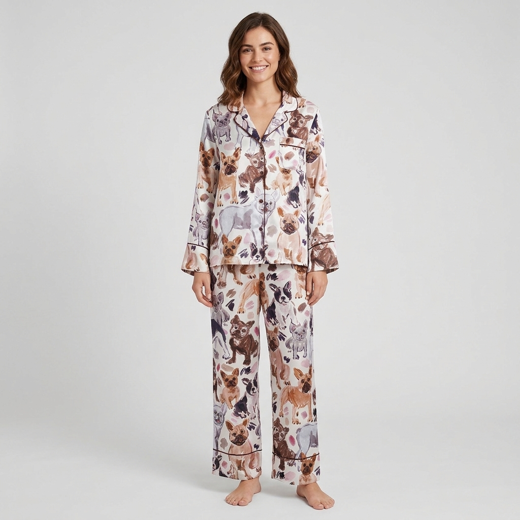 Women's long-sleeve satin pajama set with painted fawn, brindle and gray French bulldog portraits on white - long sleeve and pants