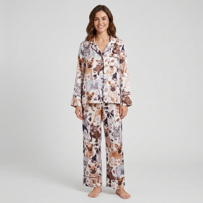 Women's long-sleeve satin pajama set with painted fawn, brindle and gray French bulldog portraits on white - long sleeve and pants