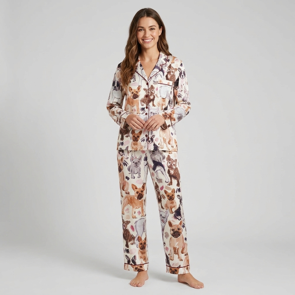 Women's satin pajama set with watercolor French bulldogs in fawn, brindle and black-and-white on white - long sleeve and pants
