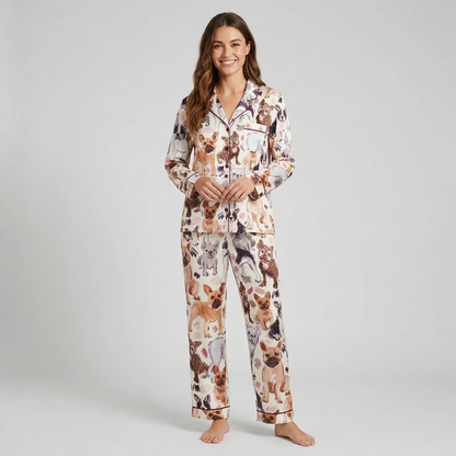 Women's satin pajama set with watercolor French bulldogs in fawn, brindle and black-and-white on white - long sleeve and pants