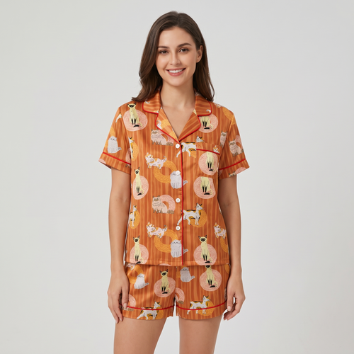 Siamese Yarn Cats Women's Pajama Set - short sleeve and shorts