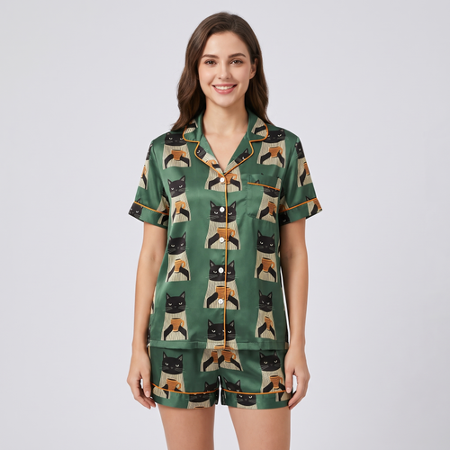 Morning Mug Cats Women's Pajama Set - short sleeve and shorts