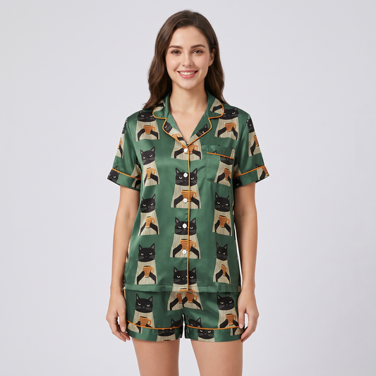 Morning Mug Cats Women's Pajama Set - short sleeve and shorts