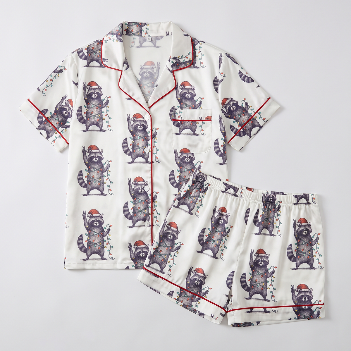 Feral & Festive Raccoons Women's Pajama Set - flat lay