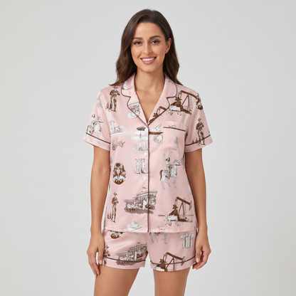 Blush Western Toile Horse Women's Pajama Set - short sleeve and shorts