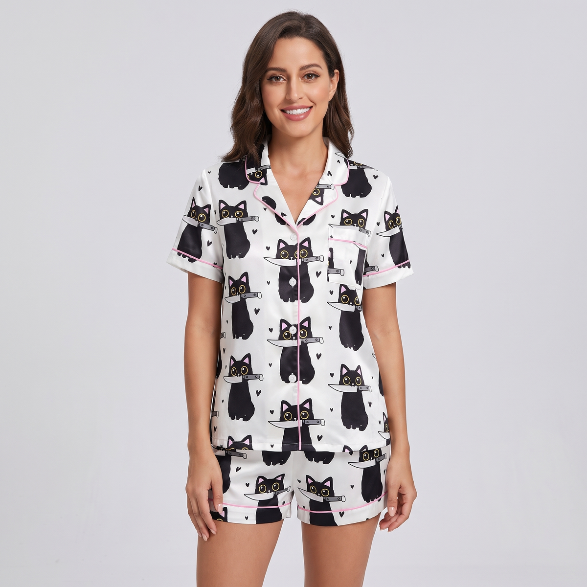 Sneaky Black Cats Women's Pajama Set - short sleeve and shorts