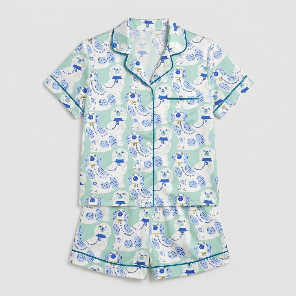 Women's satin pajama set with blue and white porcelain spaniel figurines in lattice frames on mint green - flat lay
