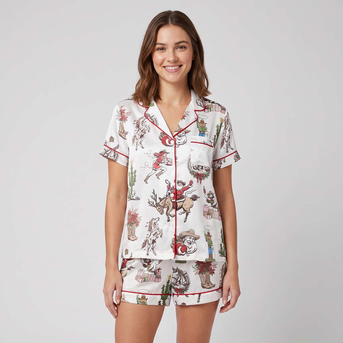 Cowgirl Christmas Rodeo Women's Pajama Set - short sleeve and shorts