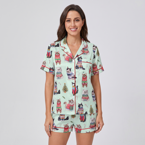 Christmas Sweater Cats Women's Pajama Set - short sleeve and shorts