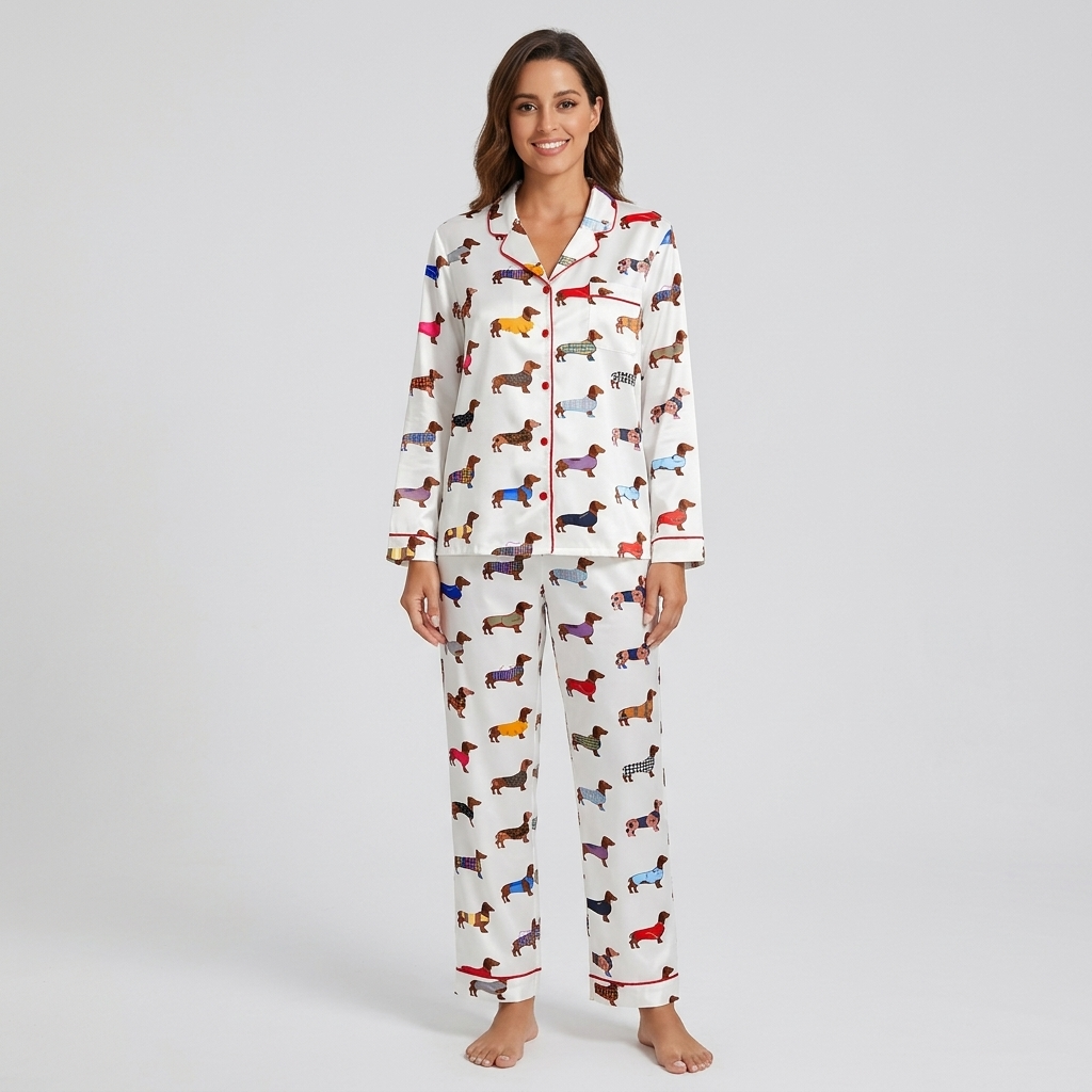 Women's satin pajama set with dachshunds in plaid, check and tartan coats on white with red piping - long sleeve and pants