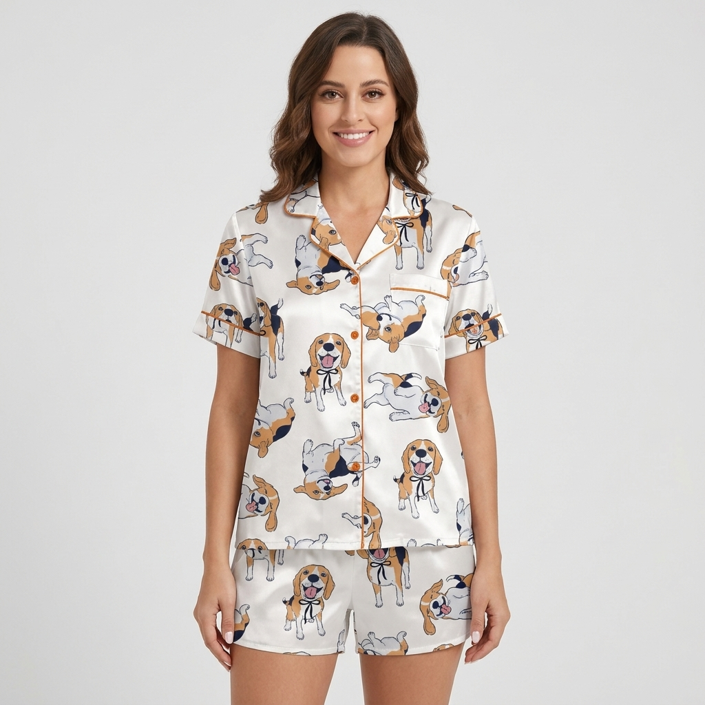 Women's satin pajama set with tricolor beagles in black ribbon collars rolling over on white with copper piping - short sleeve and shorts