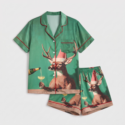 Champagne Reindeer Women's Pajama Set - flat lay