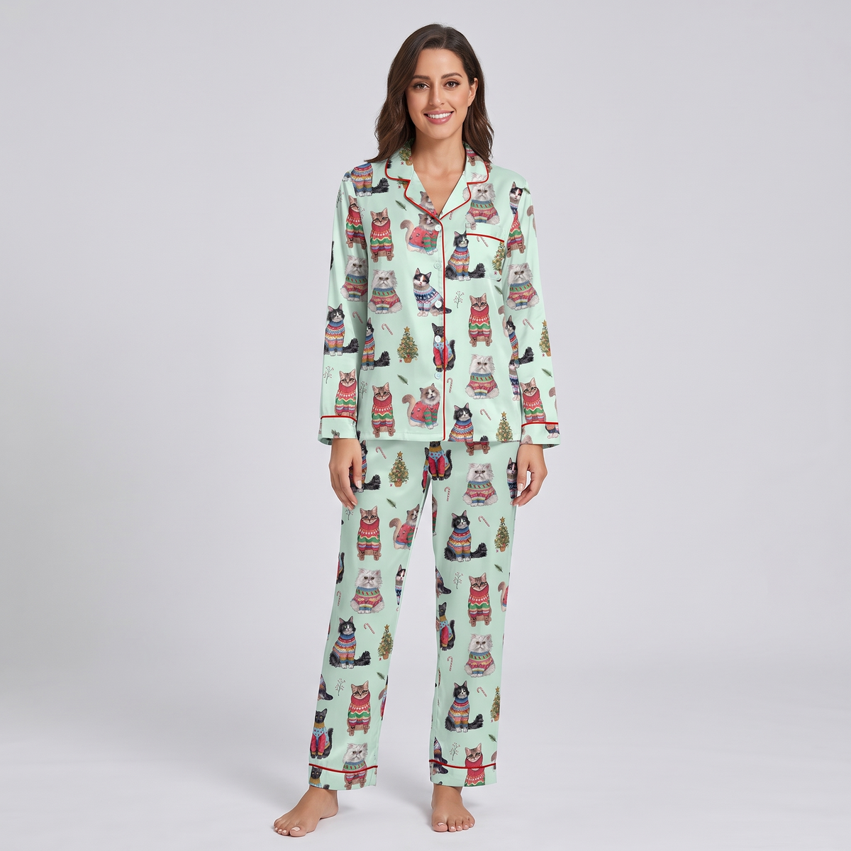 Christmas Sweater Cats Women's Pajama Set - long sleeve and pants