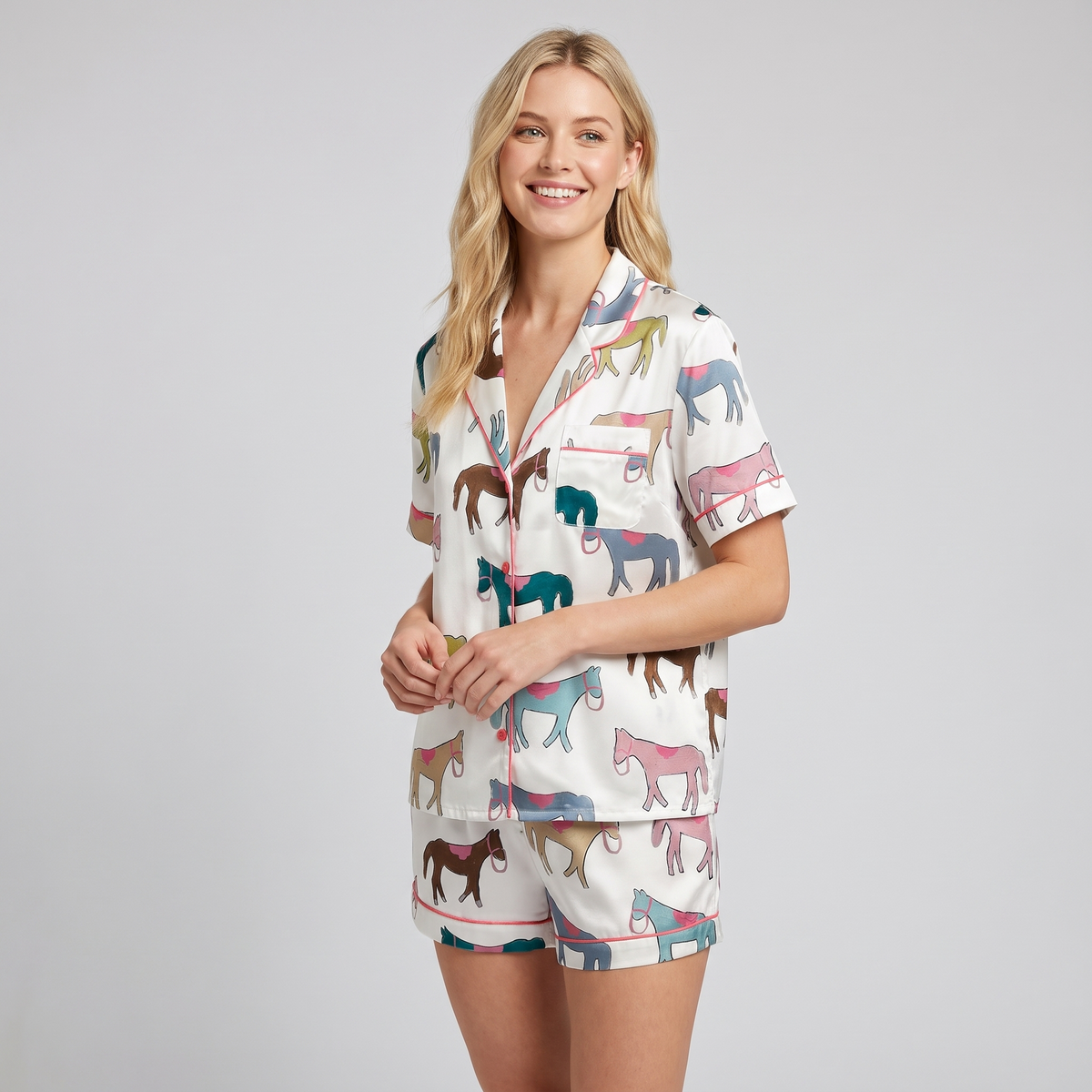 Olive & Teal Pony Horse Herd Women's Pajama Set - short sleeve and shorts