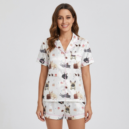 Women's satin pajama set with French bulldogs beside chocolate cake slices on white with pink piping - short sleeve and shorts