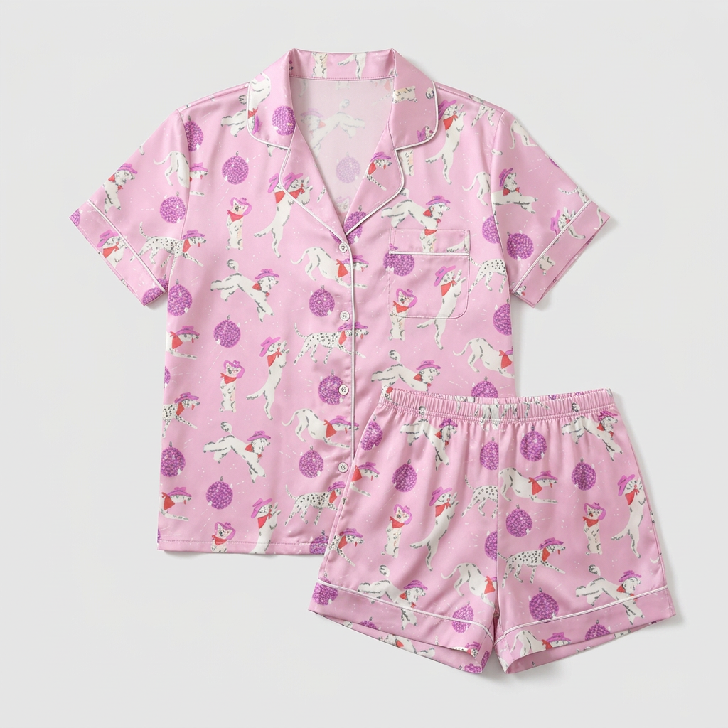 Women's satin pajama set with white pups in pink cowboy hats among purple disco balls on pink - flat lay