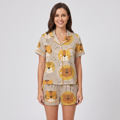 Safari Cat Faces Women's Pajama Set - short sleeve and shorts