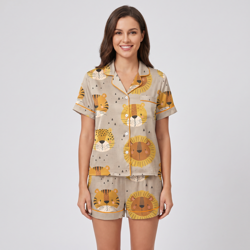 Safari Cat Faces Women's Pajama Set - short sleeve and shorts
