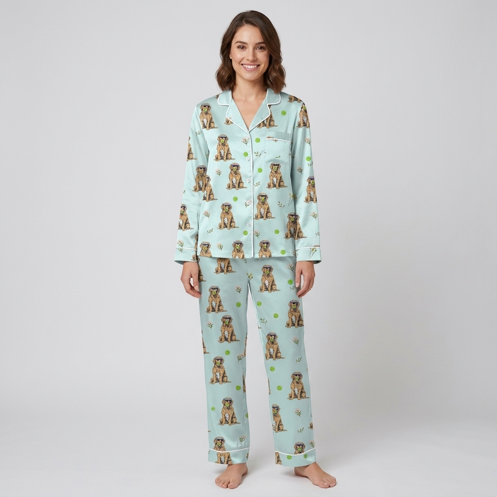 Women's satin pajama set with golden retrievers in visors with tennis balls on pale blue - long sleeve and pants