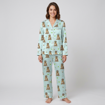 Women's satin pajama set with golden retrievers in visors with tennis balls on pale blue - long sleeve and pants
