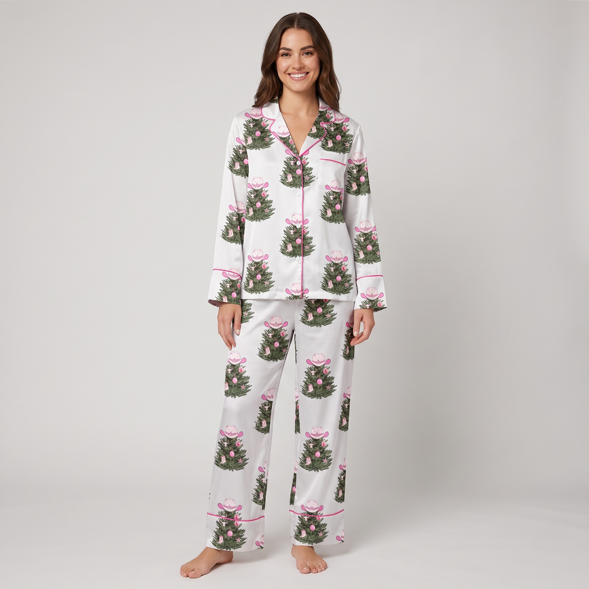 Holly Dolly Bow Trees Women's Pajama Set - long sleeve and pants