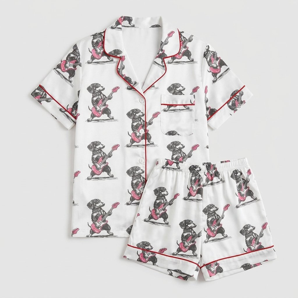 Women's satin pajama set with a black dachshund playing electric guitar on white with red piping - flat lay