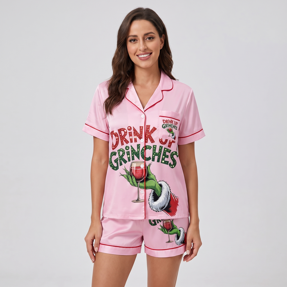 Drink Up Grinches Inspired Women's Pajama Set - short sleeve and shorts