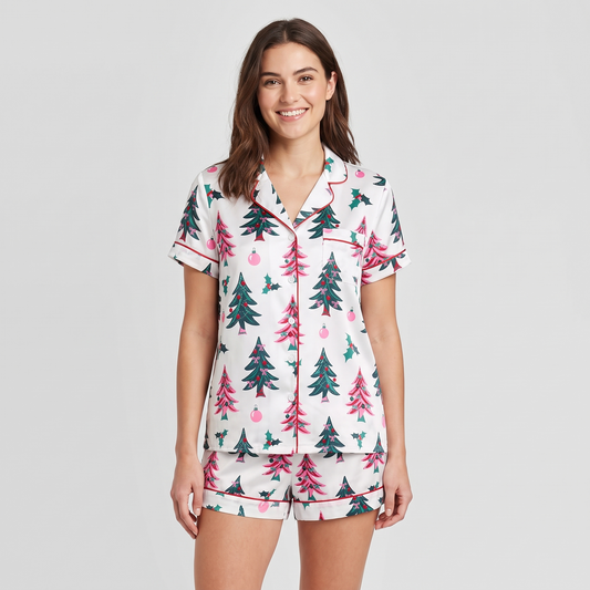 Pink & Green Christmas Trees Women's Pajama Set - short sleeve and shorts