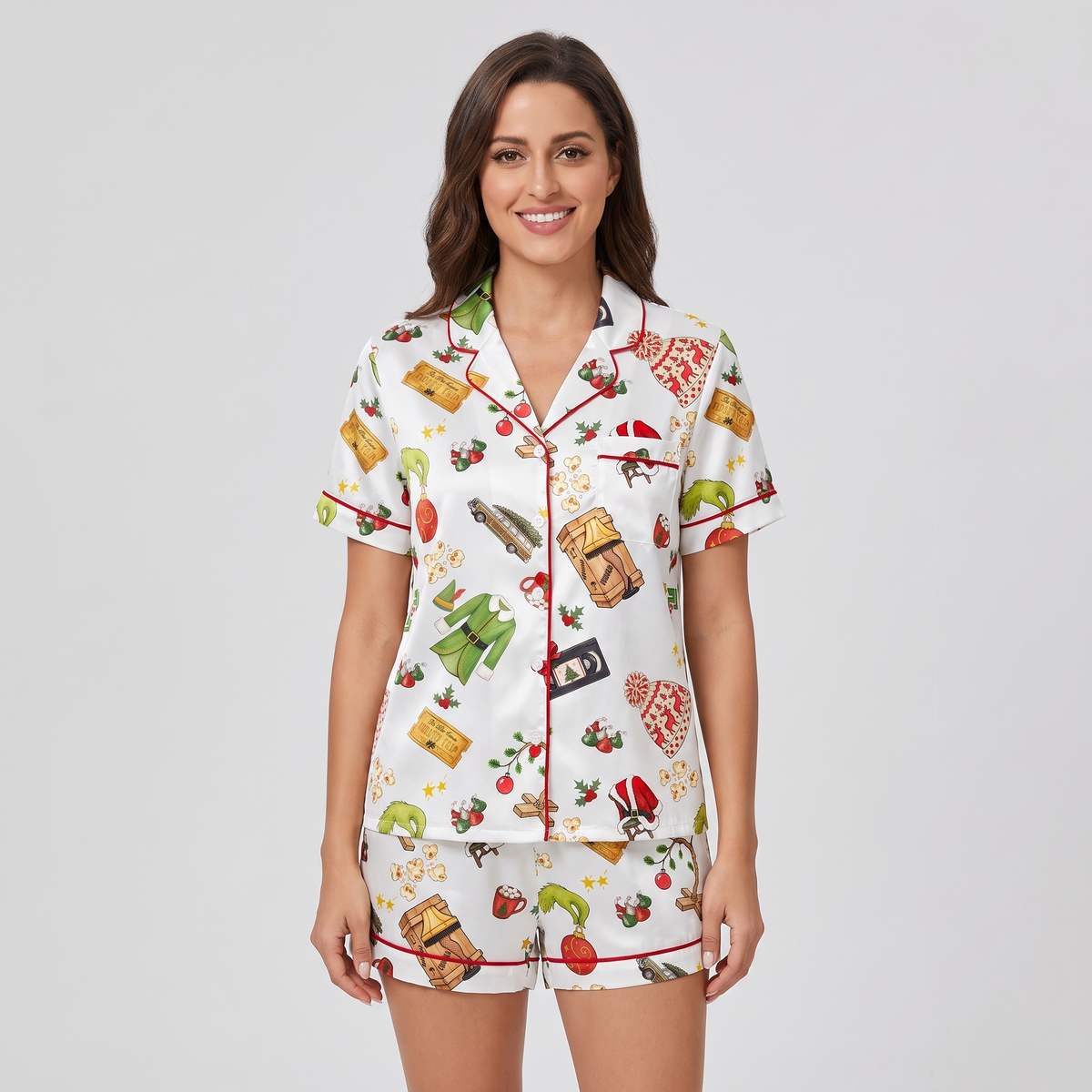 Christmas Movie Night Inspired Women's Pajama Set - short sleeve and shorts