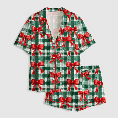 Green Gingham Bows Women's Pajama Set - flat lay