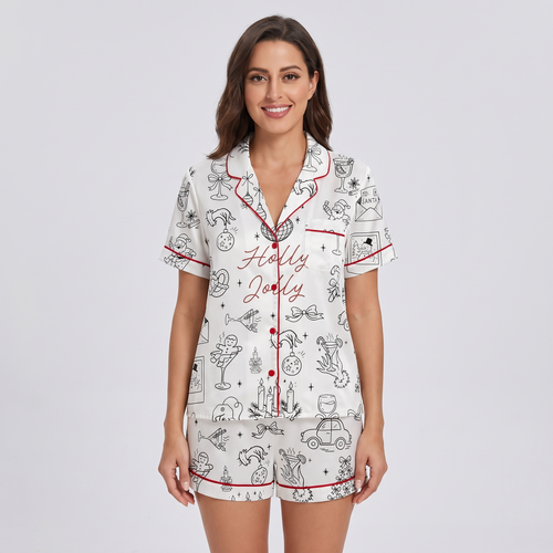 Holly Jolly Sketches Women's Pajama Set - short sleeve and shorts