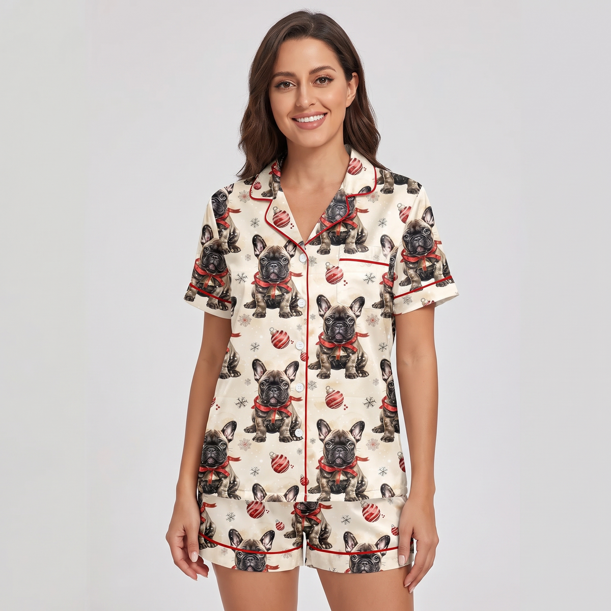Black Frenchie Christmas Women's Pajama Set - short sleeve and shorts