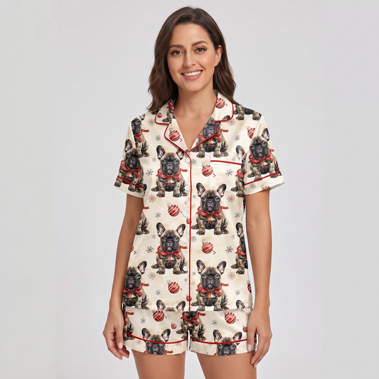 Black Frenchie Christmas Women's Pajama Set - short sleeve and shorts
