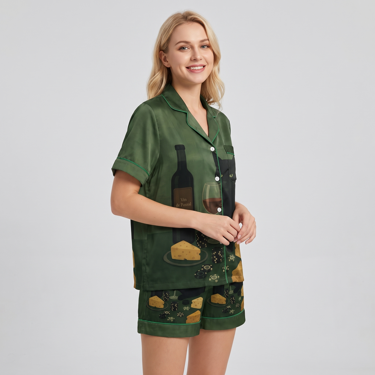 Wine and Cheese Cat Women's Pajama Set - short sleeve and shorts