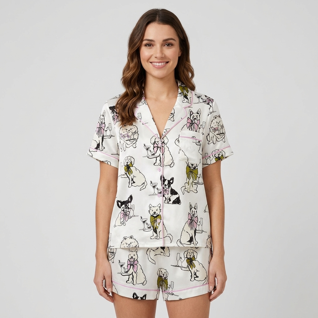Women's satin pajama set with sketchy dogs in giant ribbon bows holding wine glasses on white - short sleeve and shorts